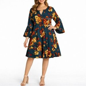 Altar'd State Teal Floral Bell Sleeve Boho Mini Dress Women Medium L40A PN11440